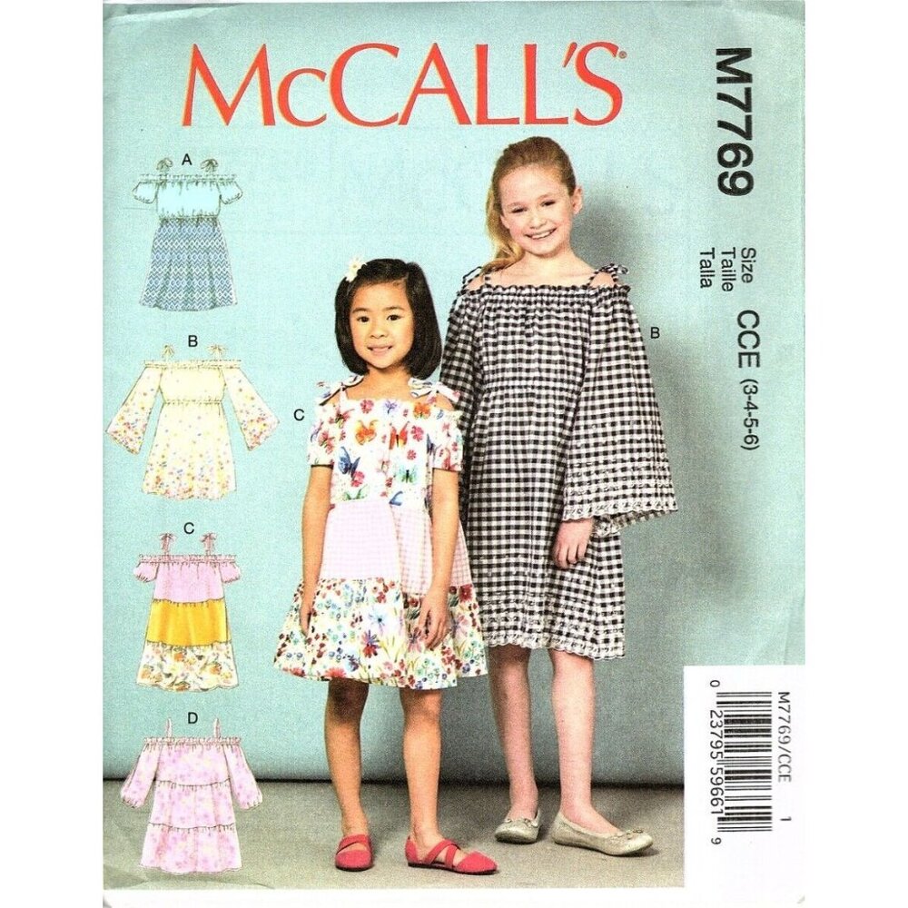 McCalls M7769 Girls 3 to 6 Off the Shoulder Dress Uncut Sewing Pattern